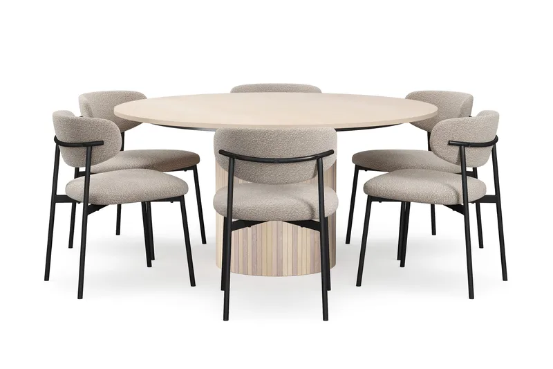 Kopparbo Rundt Spisebord 150 cm med 6 Lucy Spisestoler, Hvit / Greige Bouclé / Metallben Svart
