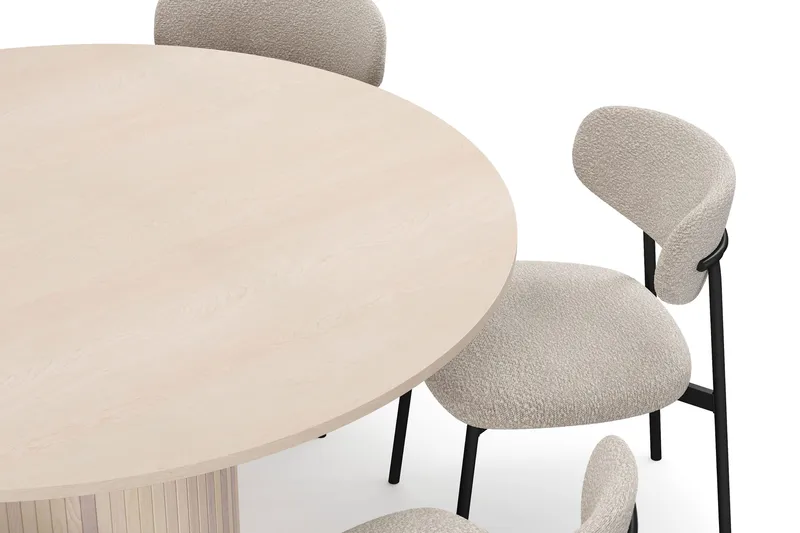 Kopparbo Rundt Spisebord 150 cm med 6 Lucy Spisestoler - Hvit / Greige Bouclé / Metallben Svart - Møbler - Bord - Spisegrupper