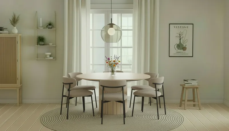 Kopparbo Rundt Spisebord 150 cm med 6 Lucy Spisestoler - Hvit / Greige Bouclé / Metallben Svart - Møbler - Bord - Spisegrupper