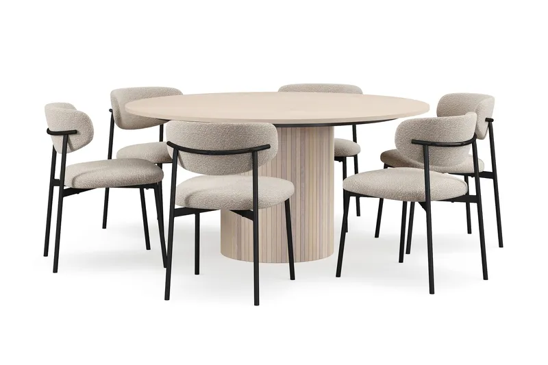 Kopparbo Rundt Spisebord 150 cm med 6 Lucy Spisestoler - Hvit / Greige Bouclé / Metallben Svart - Møbler - Bord - Spisegrupper