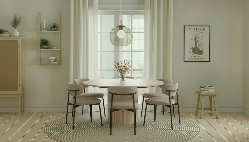 Kopparbo Rundt Spisebord 150 cm med 6 Lucy Spisestoler - Hvit / Greige Bouclé / Metallben Svart - Møbler - Bord - Spisegrupper