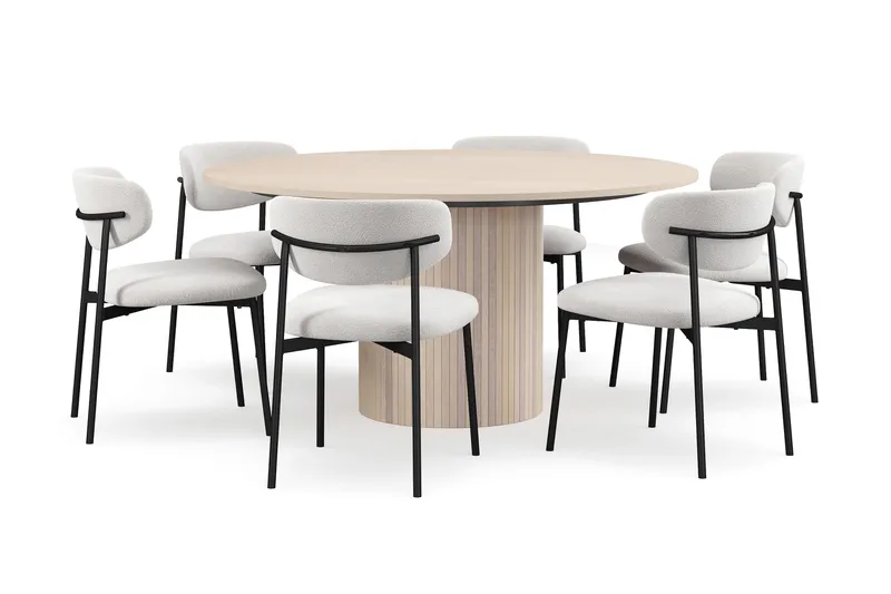 Kopparbo Rundt Spisebord 150 cm med 6 Lucy Spisestoler - Hvit / Hvit Bouclé / Metallben Svart - Møbler - Bord - Spisegrupper