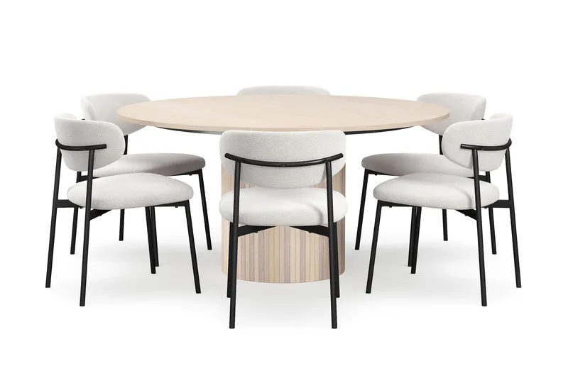 Kopparbo Rundt Spisebord 150 cm med 6 Lucy Spisestoler - Hvit / Hvit Bouclé / Metallben Svart - Møbler - Bord - Spisegrupper