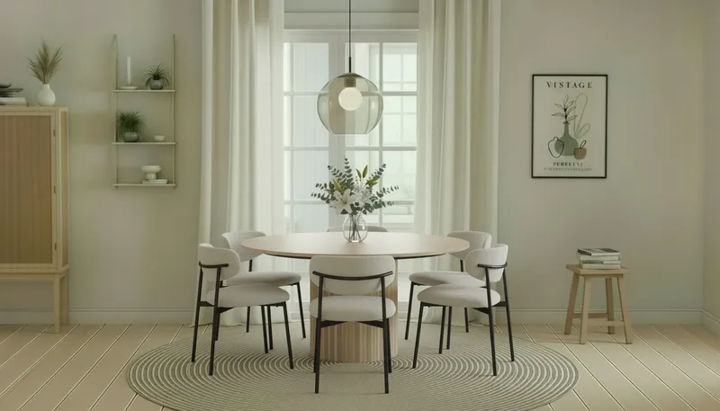 Kopparbo Rundt Spisebord 150 cm med 6 Lucy Spisestoler - Hvit / Hvit Bouclé / Metallben Svart - Møbler - Bord - Spisegrupper