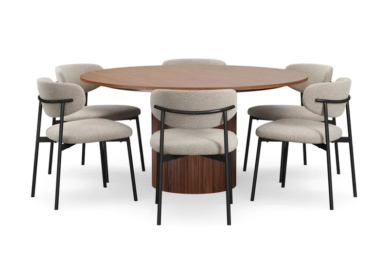 Kopparbo Rundt Spisebord 150 cm med 6 Lucy Spisestoler, Valnøtt / Greige Bouclé / Metallben Svart