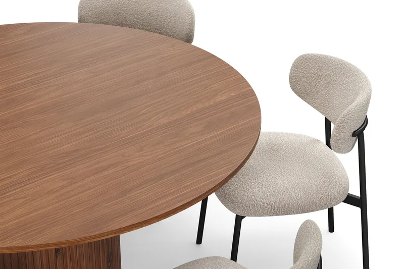 Kopparbo Rundt Spisebord 150 cm med 6 Lucy Spisestoler - Valnøtt / Greige Bouclé / Metallben Svart - Møbler - Bord - Spisegrupper