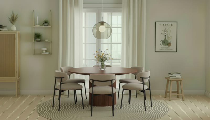 Kopparbo Rundt Spisebord 150 cm med 6 Lucy Spisestoler - Valnøtt / Greige Bouclé / Metallben Svart - Møbler - Bord - Spisegrupper