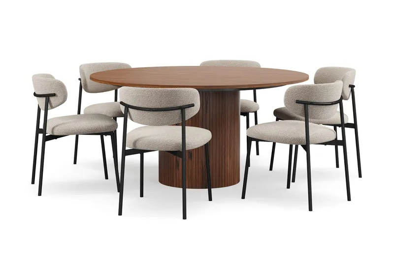 Kopparbo Rundt Spisebord 150 cm med 6 Lucy Spisestoler - Valnøtt / Greige Bouclé / Metallben Svart - Møbler - Bord - Spisegrupper