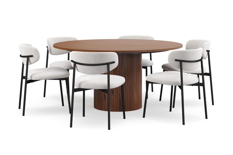 Kopparbo Rundt Spisebord 150 cm med 6 Lucy Spisestoler - Valnøtt / Hvit Bouclé / Metallben Svart - Møbler - Bord - Spisegrupper