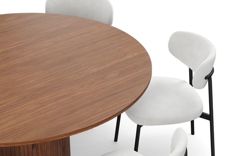 Kopparbo Rundt Spisebord 150 cm med 6 Lucy Spisestoler - Valnøtt / Hvit Bouclé / Metallben Svart - Møbler - Bord - Spisegrupper