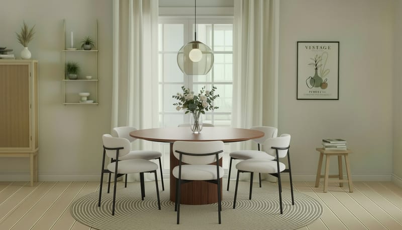 Kopparbo Rundt Spisebord 150 cm med 6 Lucy Spisestoler - Valnøtt / Hvit Bouclé / Metallben Svart - Møbler - Bord - Spisegrupper