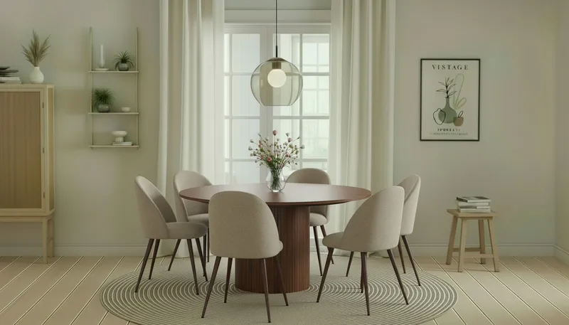 Kopparbo Rundt Spisebord 150 cm med 6 Nibe Plus Spisestoler - Valnøtt / Greige Bouclé / Metallben Valnøtt - Møbler - Bord - Spisegrupper