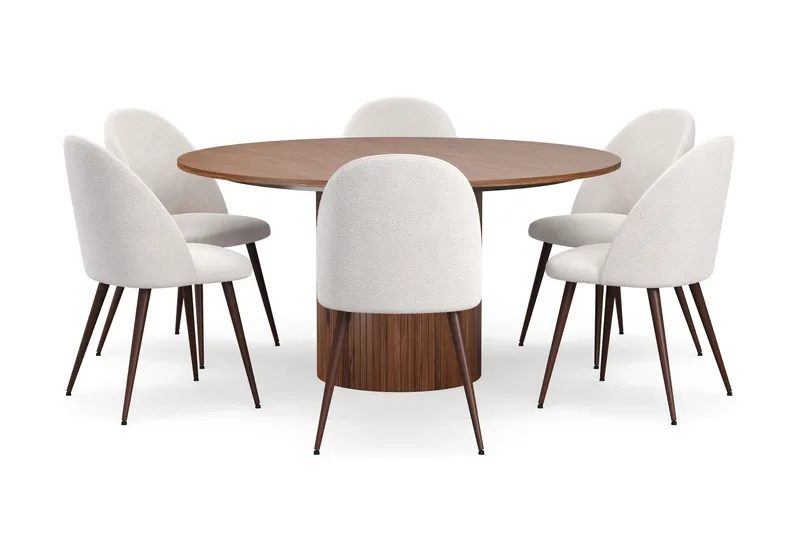 Kopparbo Rundt Spisebord 150 cm med 6 Nibe Plus Spisestoler - Valnøtt / Hvit Bouclé / Metallben Valnøtt - Møbler - Bord - Spisegrupper