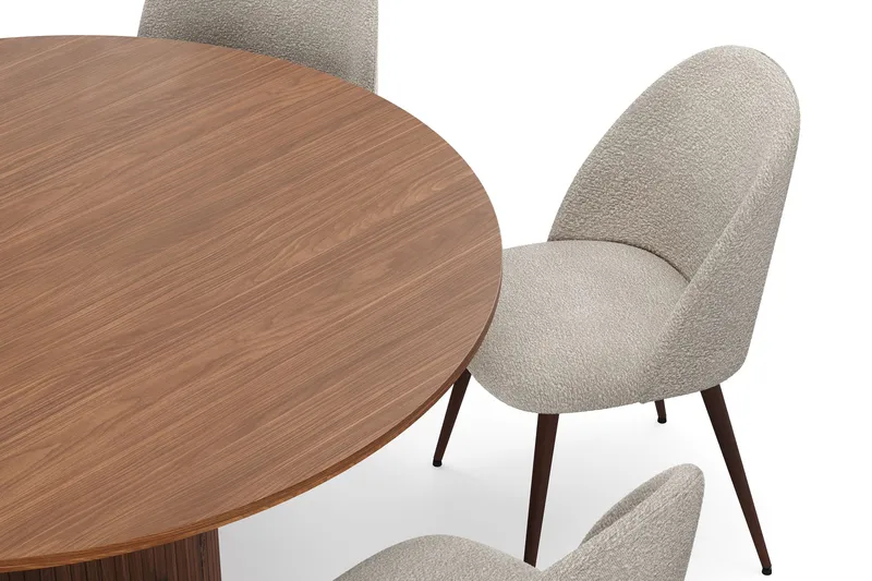 Kopparbo Rundt Spisebord 150 cm med 6 Nibe Plus Spisestoler - Valnøtt / Greige Bouclé / Metallben Valnøtt - Møbler - Bord - Spisegrupper