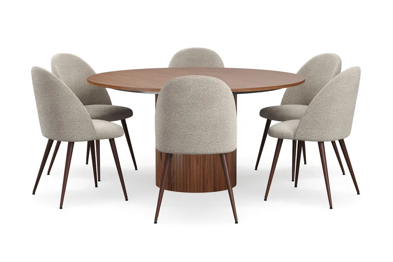 Kopparbo Rundt Spisebord 150 cm med 6 Nibe Plus Spisestoler - Valnøtt / Greige Bouclé / Metallben Valnøtt - Møbler - Bord - Spisegrupper