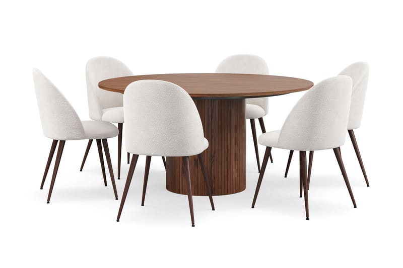 Kopparbo Rundt Spisebord 150 cm med 6 Nibe Plus Spisestoler, Valnøtt / Hvit Bouclé / Metallben Valnøtt
