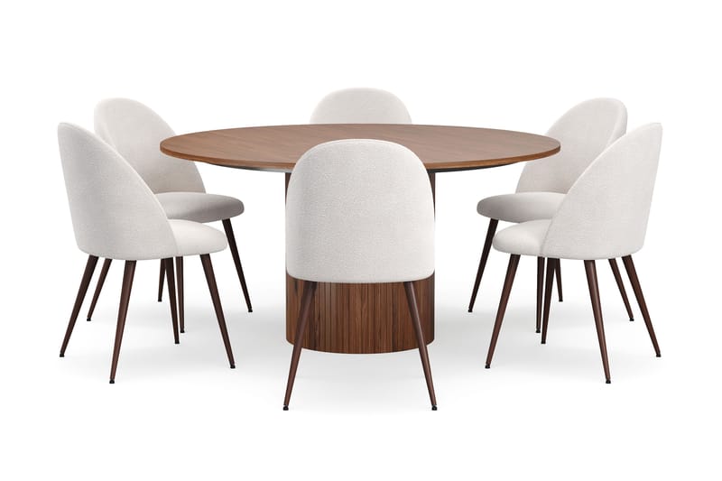 Kopparbo Rundt Spisebord 150 cm med 6 Nibe Plus Spisestoler - Valnøtt / Hvit Bouclé / Metallben Valnøtt - Møbler - Bord - Spisegrupper