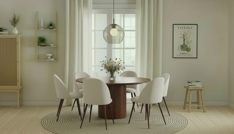 Kopparbo Rundt Spisebord 150 cm med 6 Nibe Plus Spisestoler - Valnøtt / Hvit Bouclé / Metallben Valnøtt - Møbler - Bord - Spisegrupper