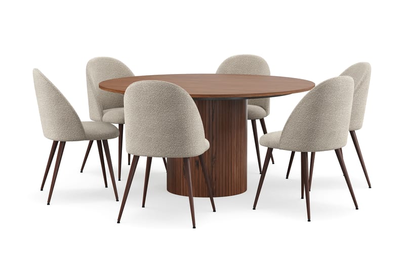 Kopparbo Rundt Spisebord 150 cm med 6 Nibe Plus Spisestoler, Valnøtt / Greige Bouclé / Metallben Valnøtt