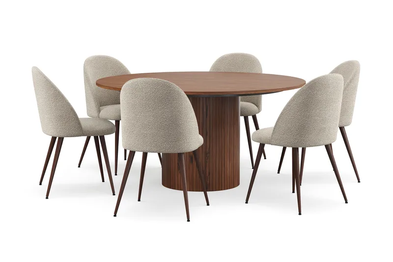 Kopparbo Rundt Spisebord 150 cm med 6 Nibe Plus Spisestoler, Valnøtt / Greige Bouclé / Metallben Valnøtt