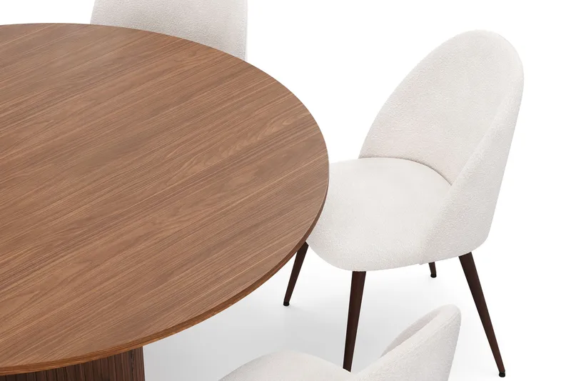 Kopparbo Rundt Spisebord 150 cm med 6 Nibe Plus Spisestoler - Valnøtt / Hvit Bouclé / Metallben Valnøtt - Møbler - Bord - Spisegrupper