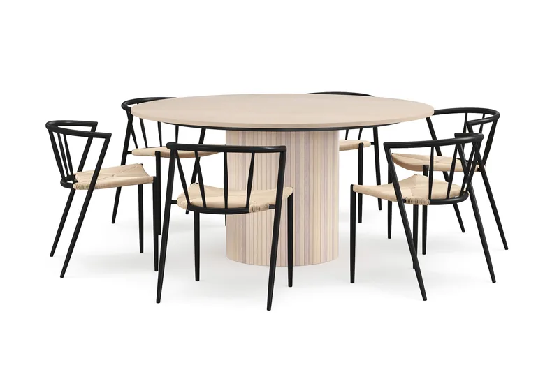 Kopparbo Rundt Spisebord 150 cm med 6 Winston Spisestoler, Hvit / Beige / Metallben Svart