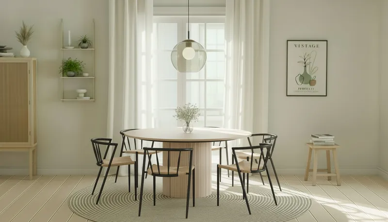 Kopparbo Rundt Spisebord 150 cm med 6 Winston Spisestoler - Hvit / Beige / Metallben Svart - Møbler - Bord - Spisegrupper