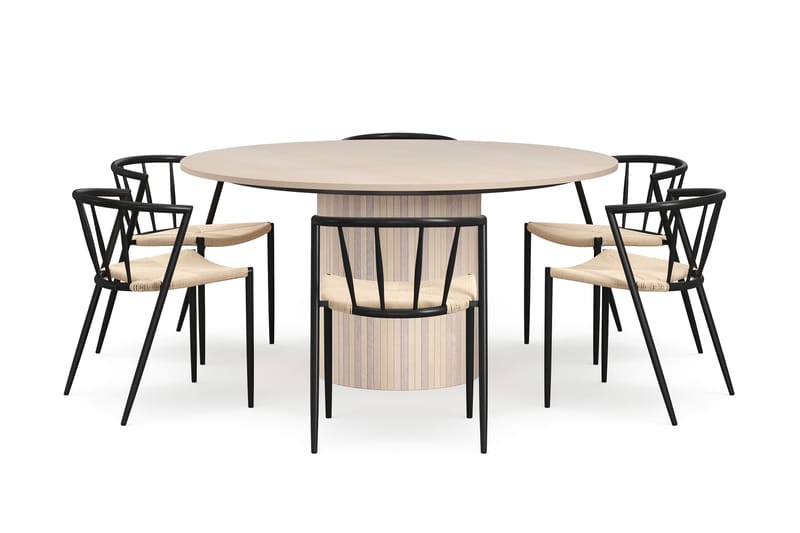Kopparbo Rundt Spisebord 150 cm med 6 Winston Spisestoler - Hvit / Beige / Metallben Svart - Møbler - Bord - Spisegrupper