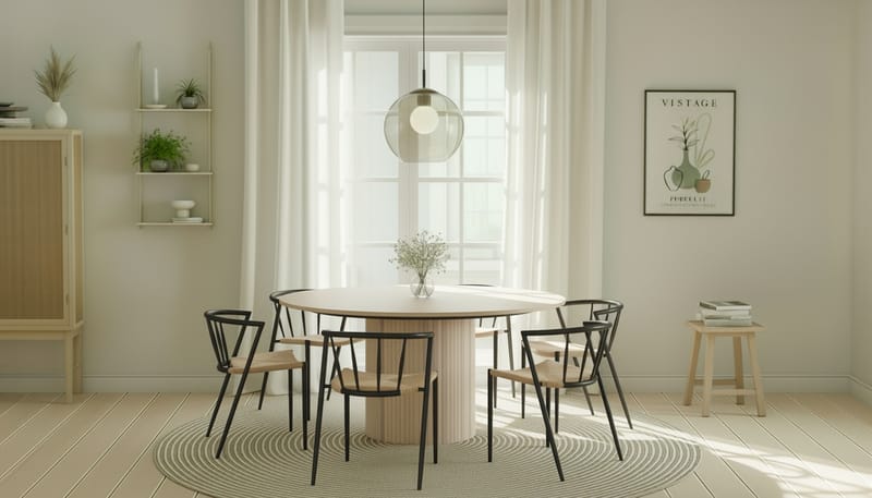 Kopparbo Rundt Spisebord 150 cm med 6 Winston Spisestoler - Hvit / Beige / Metallben Svart - Møbler - Bord - Spisegrupper