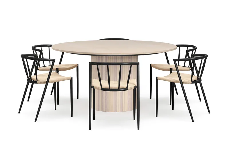 Kopparbo Rundt Spisebord 150 cm med 6 Winston Spisestoler - Hvit / Beige / Metallben Svart - Møbler - Bord - Spisegrupper