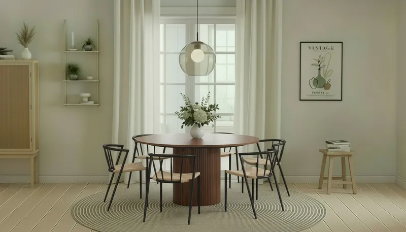 Kopparbo Rundt Spisebord 150 cm med 6 Winston Spisestoler - Valnøtt / Beige / Metallben Svart - Møbler - Bord - Spisegrupper