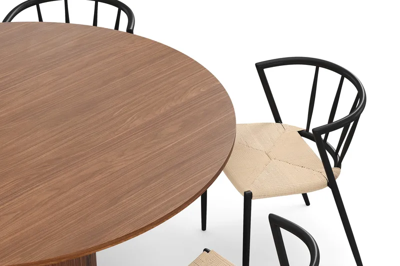 Kopparbo Rundt Spisebord 150 cm med 6 Winston Spisestoler - Valnøtt / Beige / Metallben Svart - Møbler - Bord - Spisegrupper