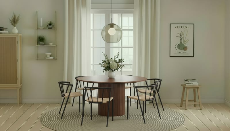 Kopparbo Rundt Spisebord 150 cm med 6 Winston Spisestoler - Valnøtt / Beige / Metallben Svart - Møbler - Bord - Spisegrupper