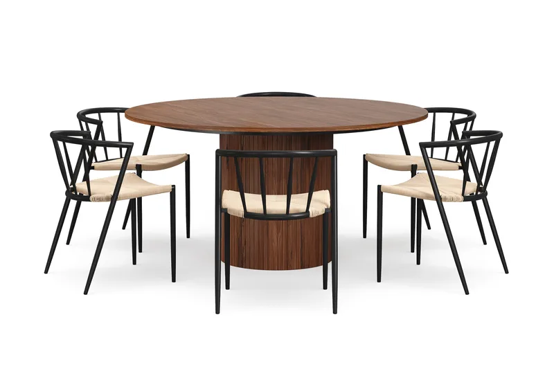 Kopparbo Rundt Spisebord 150 cm med 6 Winston Spisestoler - Valnøtt / Beige / Metallben Svart - Møbler - Bord - Spisegrupper