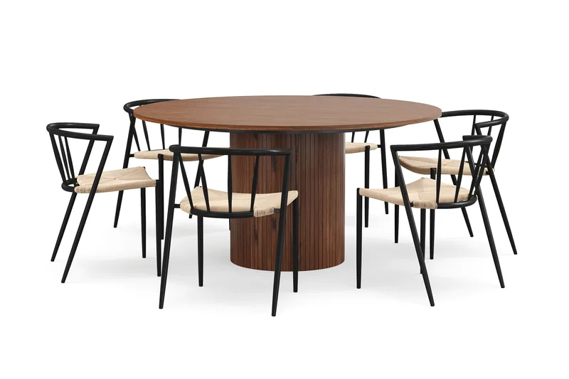 Kopparbo Rundt Spisebord 150 cm med 6 Winston Spisestoler, Valnøtt / Beige / Metallben Svart
