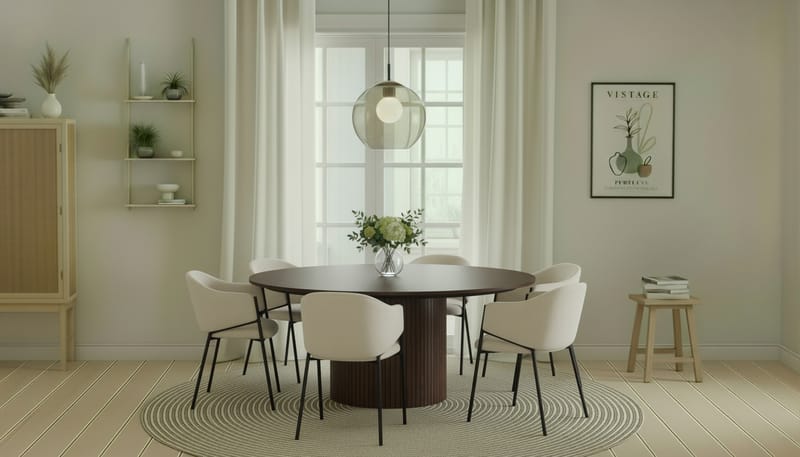 Kopparbo Rundt Spisebord 180 cm med 6 Filip Spisestoler - Valnøtt / Hvit Bouclé - Møbler - Bord - Spisegrupper