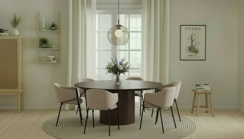 Kopparbo Rundt Spisebord 180 cm med 6 Filip Spisestoler - Valnøtt / Taupe Bouclé - Møbler - Bord - Spisegrupper