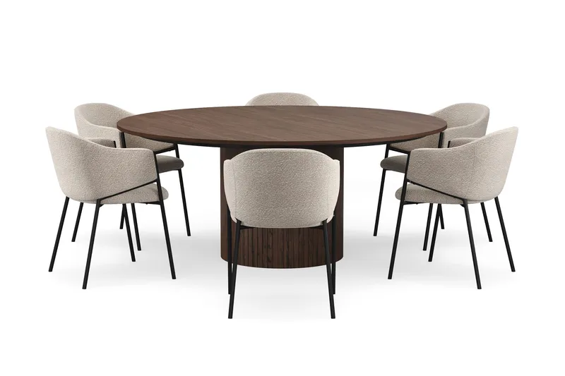 Kopparbo Rundt Spisebord 180 cm med 6 Filip Spisestoler - Valnøtt / Taupe Bouclé - Møbler - Bord - Spisegrupper