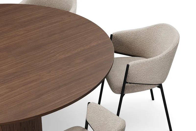 Kopparbo Rundt Spisebord 180 cm med 6 Filip Spisestoler - Valnøtt / Taupe Bouclé - Møbler - Bord - Spisegrupper