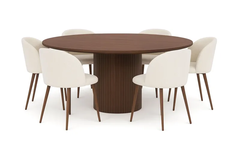 Kopparbo Rundt Spisebord 180 cm med 6 Greya Spisestoler med armlener, Valnøtt / Hvit Bouclé / Metallben Valnøtt