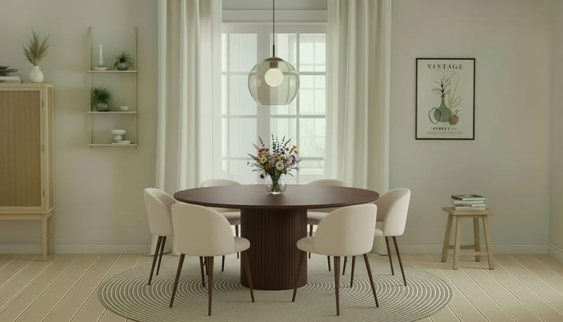 Kopparbo Rundt Spisebord 180 cm med 6 Greya Spisestoler med armlener - Valnøtt / Hvit Bouclé / Metallben Valnøtt - Møbler - Bord - Spisegrupper