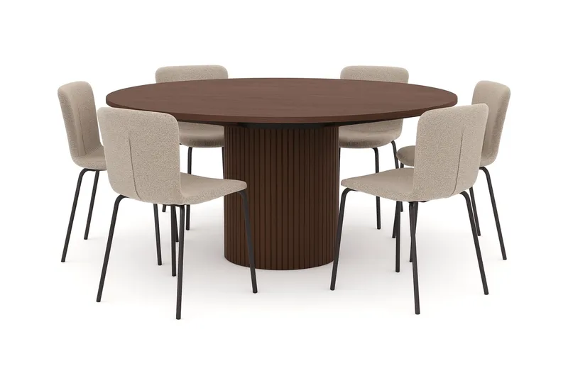 Kopparbo Rundt Spisebord 180 cm med 6 Katy Spisestoler, Valnøtt / Greige Bouclé / Metallben Svart