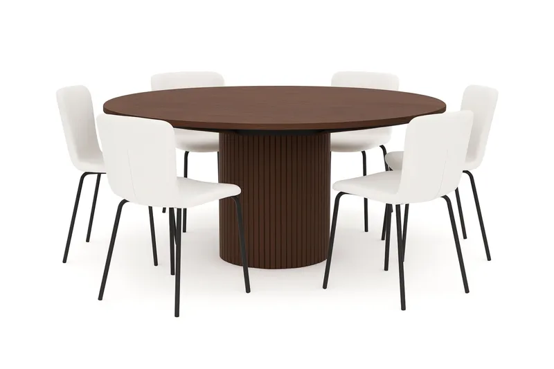 Kopparbo Rundt Spisebord 180 cm med 6 Katy Spisestoler, Valnøtt / Hvit Bouclé / Metallben Svart