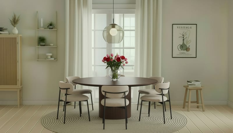 Kopparbo Rundt Spisebord 180 cm med 6 Lucy Spisestoler - Valnøtt / Greige Bouclé / Metallben Svart - Møbler - Bord - Spisegrupper