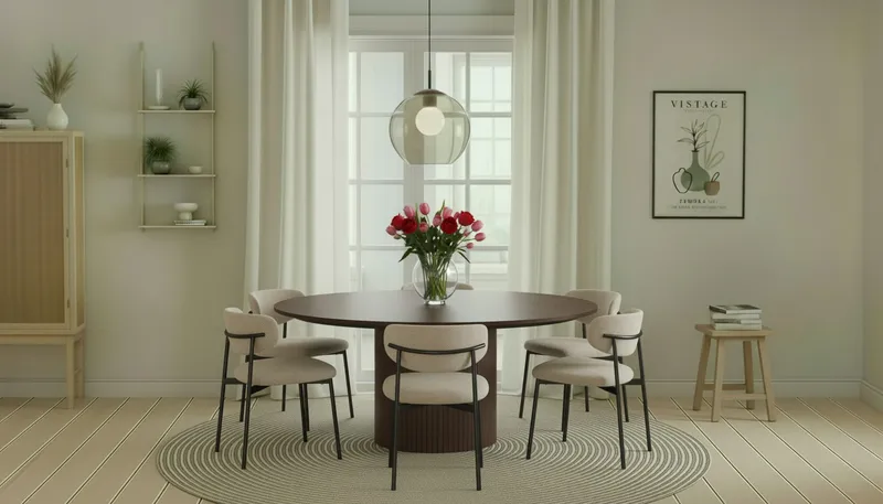 Kopparbo Rundt Spisebord 180 cm med 6 Lucy Spisestoler - Valnøtt / Greige Bouclé / Metallben Svart - Møbler - Bord - Spisegrupper