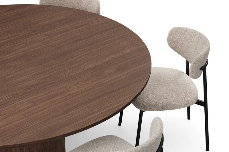 Kopparbo Rundt Spisebord 180 cm med 6 Lucy Spisestoler - Valnøtt / Greige Bouclé / Metallben Svart - Møbler - Bord - Spisegrupper