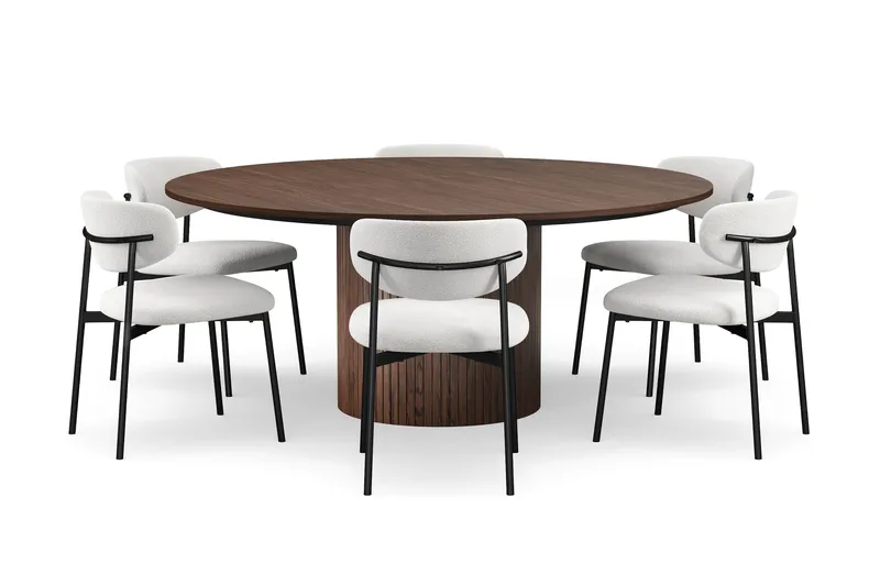 Kopparbo Rundt Spisebord 180 cm med 6 Lucy Spisestoler - Valnøtt / Hvit Bouclé / Metallben Svart - Møbler - Bord - Spisegrupper