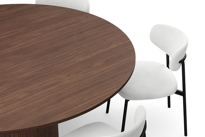 Kopparbo Rundt Spisebord 180 cm med 6 Lucy Spisestoler - Valnøtt / Hvit Bouclé / Metallben Svart - Møbler - Bord - Spisegrupper