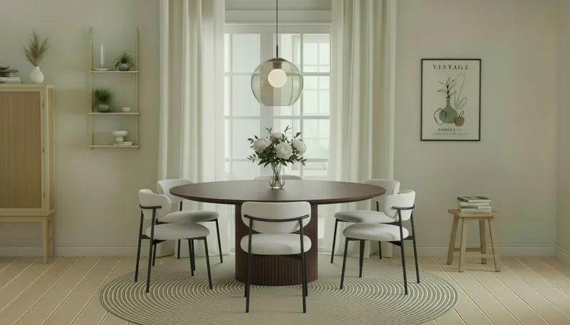 Kopparbo Rundt Spisebord 180 cm med 6 Lucy Spisestoler - Valnøtt / Hvit Bouclé / Metallben Svart - Møbler - Bord - Spisegrupper