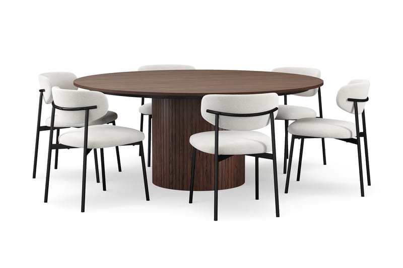 Kopparbo Rundt Spisebord 180 cm med 6 Lucy Spisestoler - Valnøtt / Hvit Bouclé / Metallben Svart - Møbler - Bord - Spisegrupper